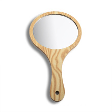 Round high-definition handle dressing mirror, large beauty parlor wooden makeup mirror, portable small mirror